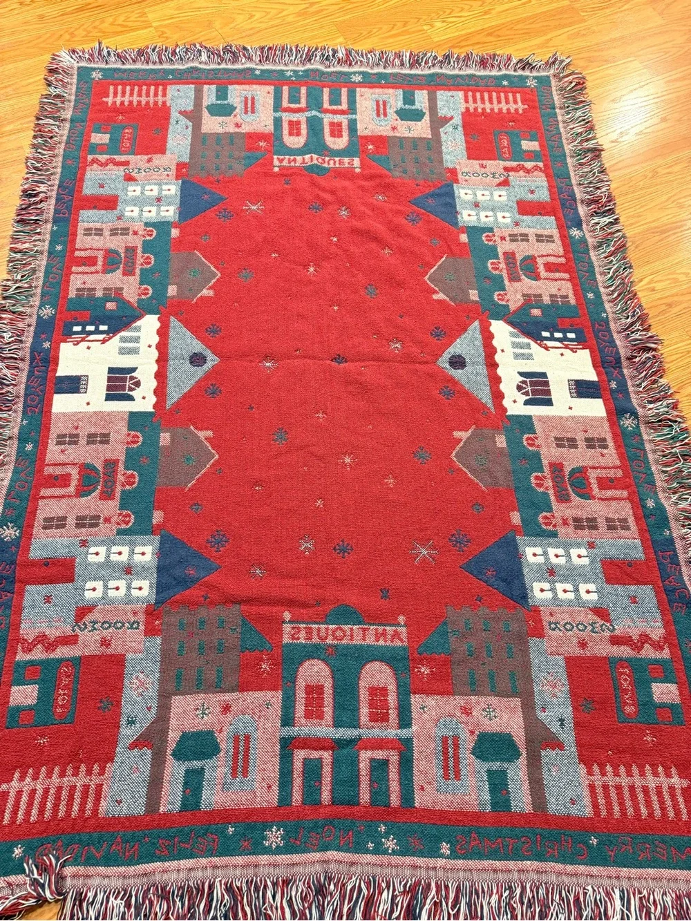 Holiday Village Fringe Throw Blanket - Red, Green & Cream 66x46